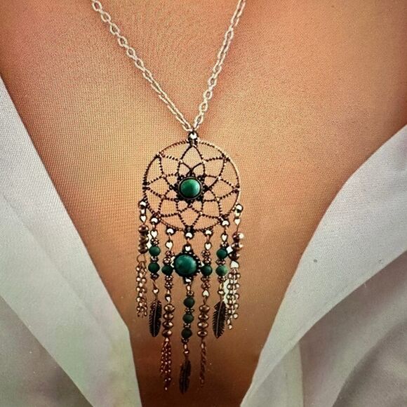 Turquoise Dream Catcher Tassel Necklace - Bohemian Native American Inspired Jew - Picture 1 of 10